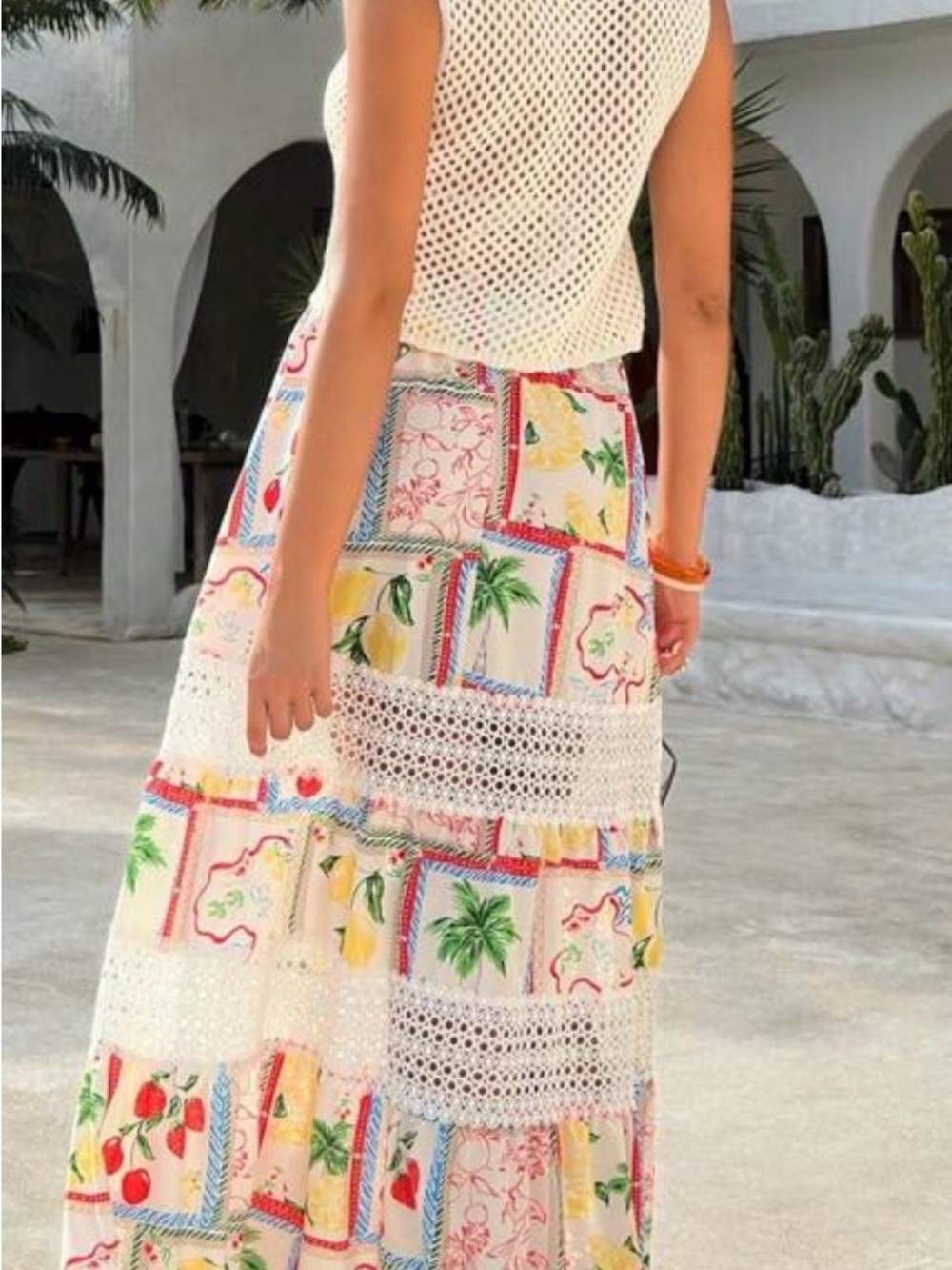 SHEIN White Tiered Maxi Skirt with Yellow, Red and Green Fruit Prints